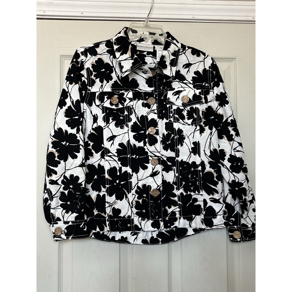 Drapers & Damon Denim Black & White Floral Jacket L/Sleeve Button Front Size PM